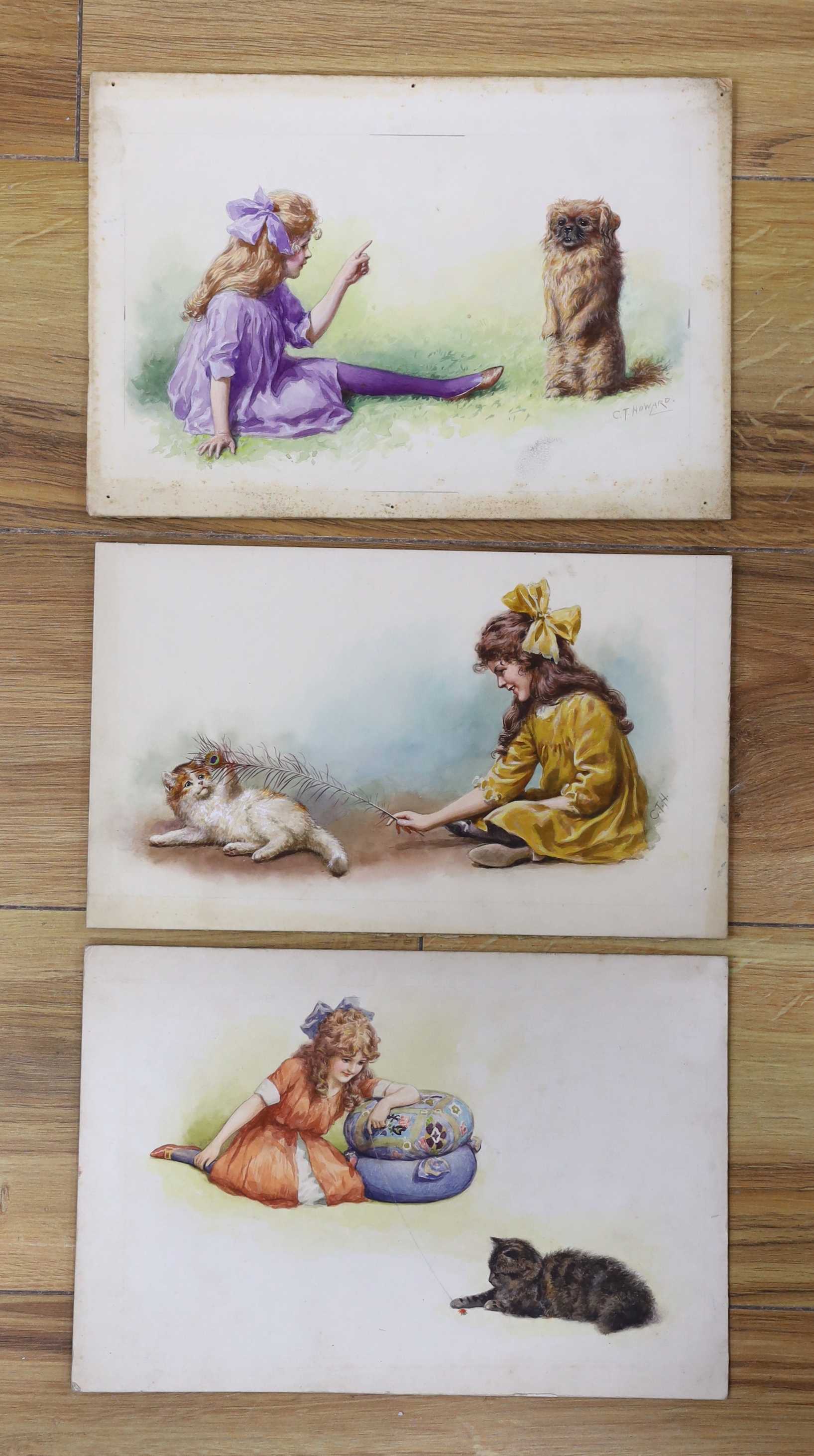 Charles Thomas Howard (1865-1942) three original watercolours for postcard designs, Children with dogs and cats, two signed, unframed, 19 x 27cm